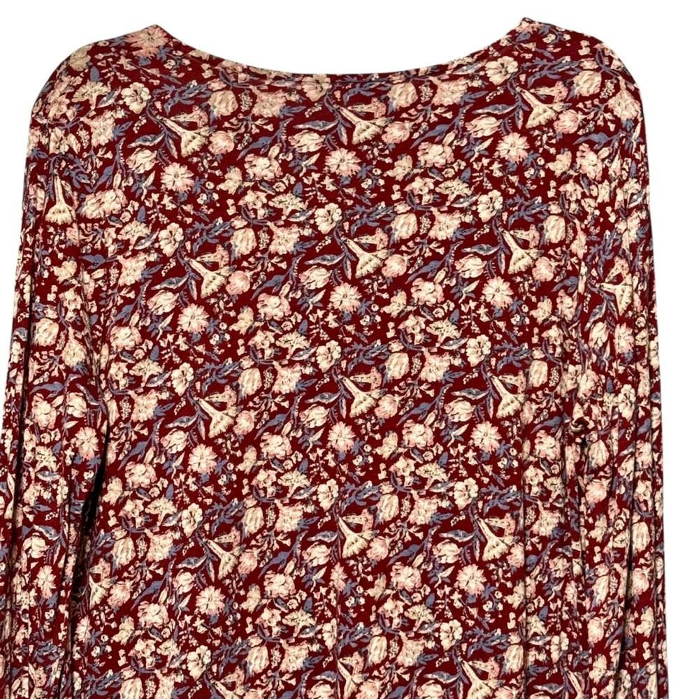 Lucky Brand Floral Burgundy Contrast Border Long Bell Sleeve Lightweight Blouse - Picture 7 of 9